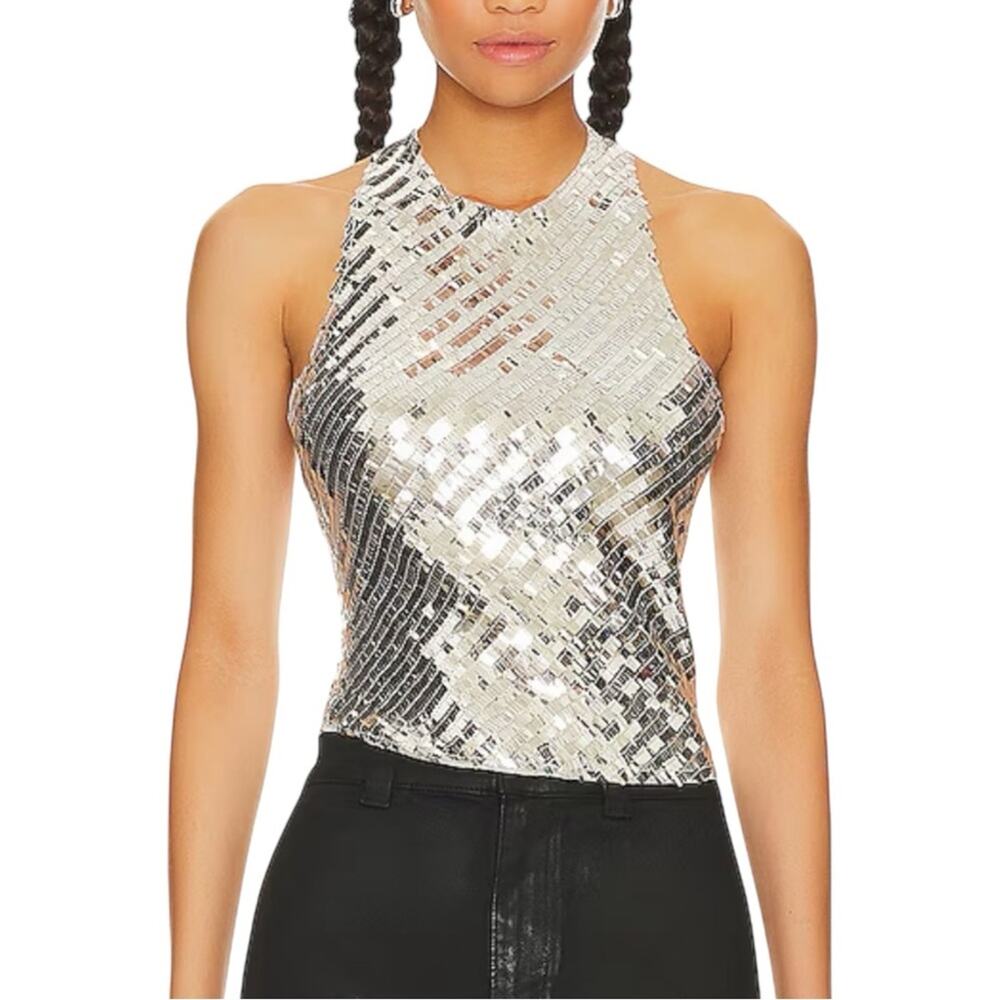 NWT Intimately Free People Disco Fever Sequin Cami Tank in Silver Combo LARGE